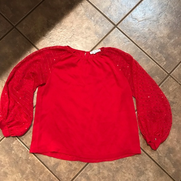 Vine & Love Red Blouse with puffy sequined sleeves size Small #2168 - Picture 2 of 6